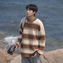 条纹圆领毛衣男秋冬季日系复古慵懒风针织衫宽松大码休闲学生线衣