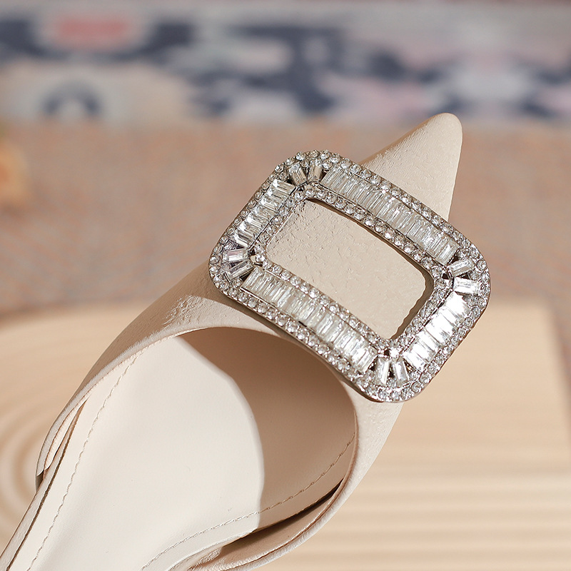 Crystal Square Button Wedding Shoes Korean Version Spring/summer Hollow High Heel Shoes Pointed Toe External Wearing Sandals Women's Thin Heels_voghion.com