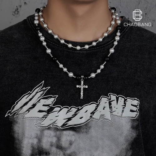 Titanium steel pearl necklace for men, versatile, simple and elegant pendant, lightweight luxury, adjustable lock chain, high-end accessory, handmade jewelry.