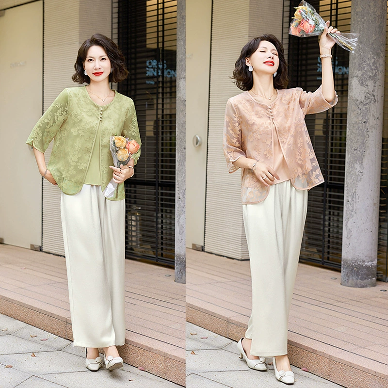 2025 новая мама летняя одежда набор иностранные модные топы из двух частей среднего и пожилого возраста женская летняя футболка с короткими рукавами