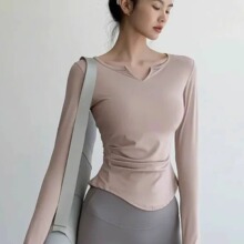 运动上衣女V领弹力速干瑜伽服专业训练长袖T恤薄款紧身健身衣春夏