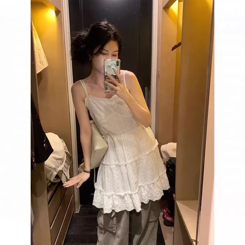 Korean-Style Chic Summer Layered Lace-Trimmed Camisole Dress, Sweet and Versatile White Jacquard A-Line Short Dress