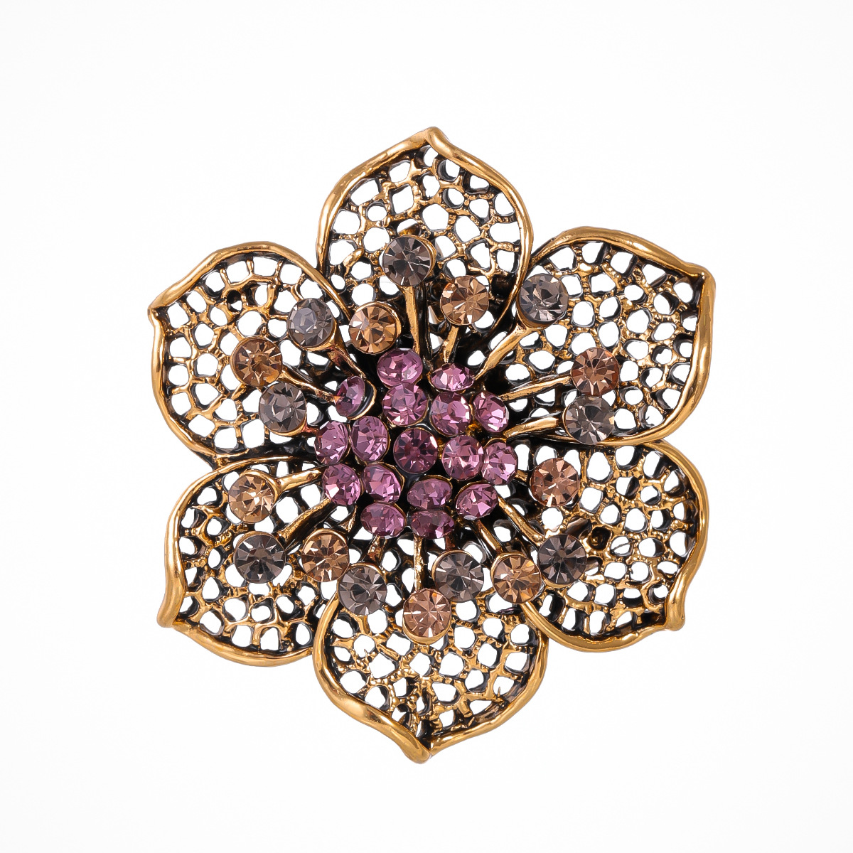 Cross-Border Retro Flower Brooch Wholesale Collar Buckle Silk Scarf Buckle Leaf-Shaped Petal Rhinestone Metal Corsage Collar Pin