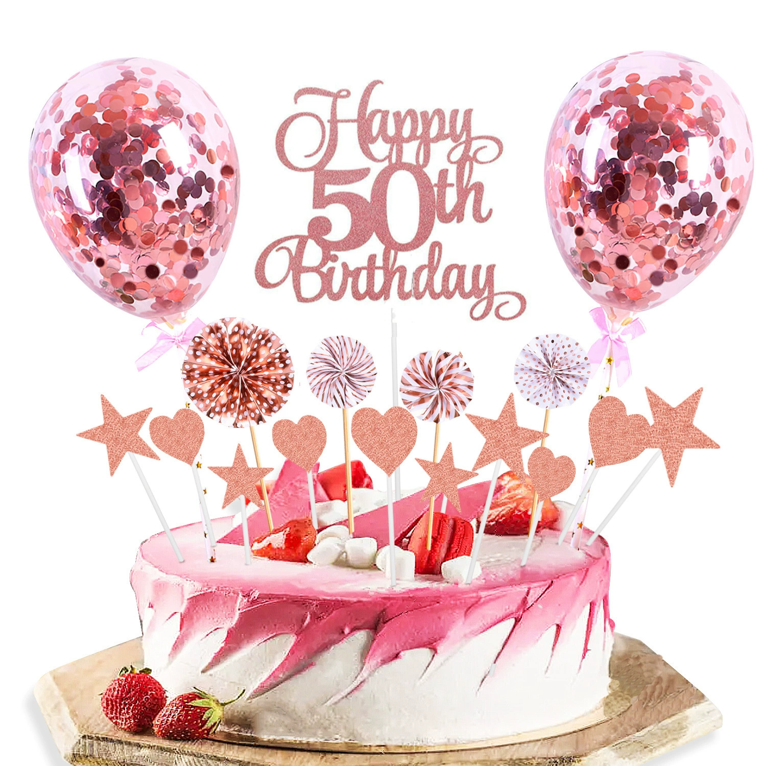 Розовое золото Возраст Тематический набор Звезды Любовь День Рождения Торт Включите Бумажный веер 5-дюймовый воздушный шар Торт Декор