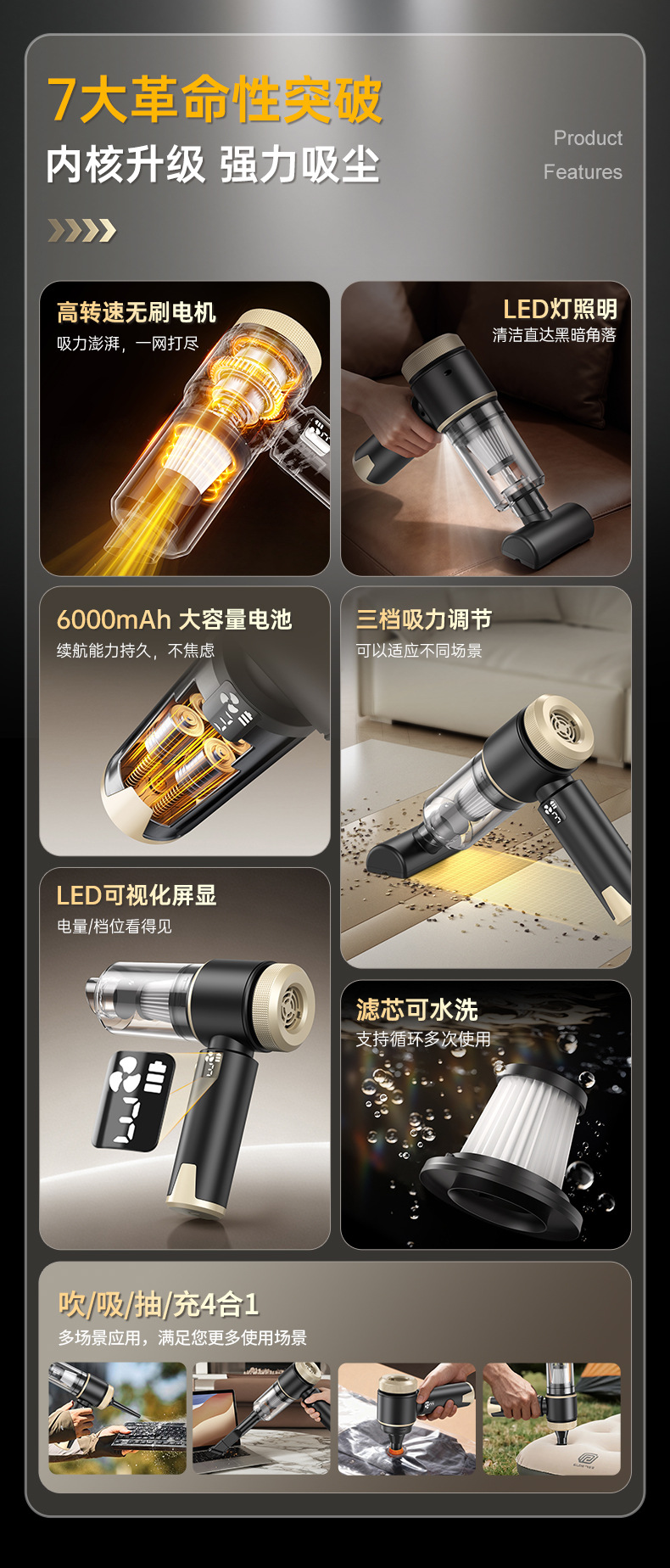 New Car Vacuum Cleaner, Wireless, Small, Rechargeable, Handheld, Dual-Purpose for Suction and Blowing, High Power, Super Strong Suction
