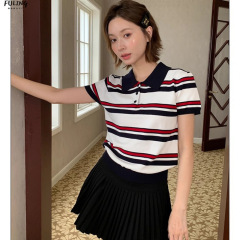 miu ストライプポロネックセーター半袖 tシャツ女性のための夏 2025 新しいデザインニッチショートトップ