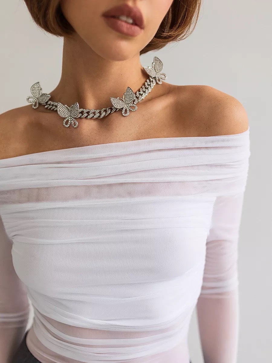 Damen Ein-schulter-netzoberteil Langarm Slim Fit Elegant Sommer_voghion.com