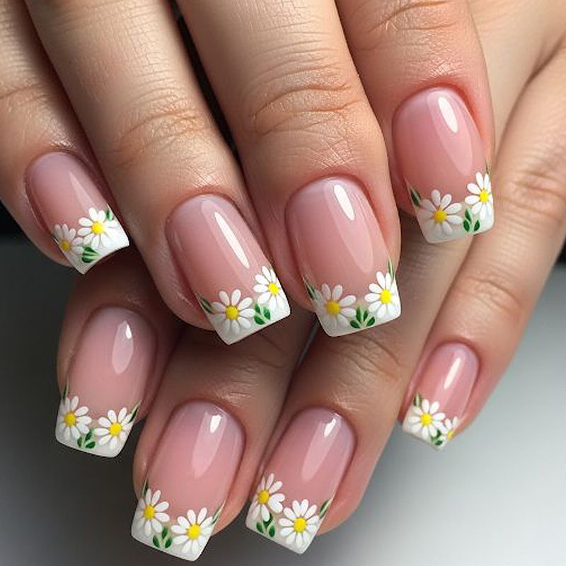 Wearable Nails with Medium-Sized Square Shape, Gradient Design, Fresh Daisy Flower Pattern, French-Style Edge Decoration, Removable Fake Nails Wearable Nails with Medium-Sized Square Shape, Gradient Design, Fresh Daisy Flower Pattern, French-Style Edge Decoration, Removable Fake Nails