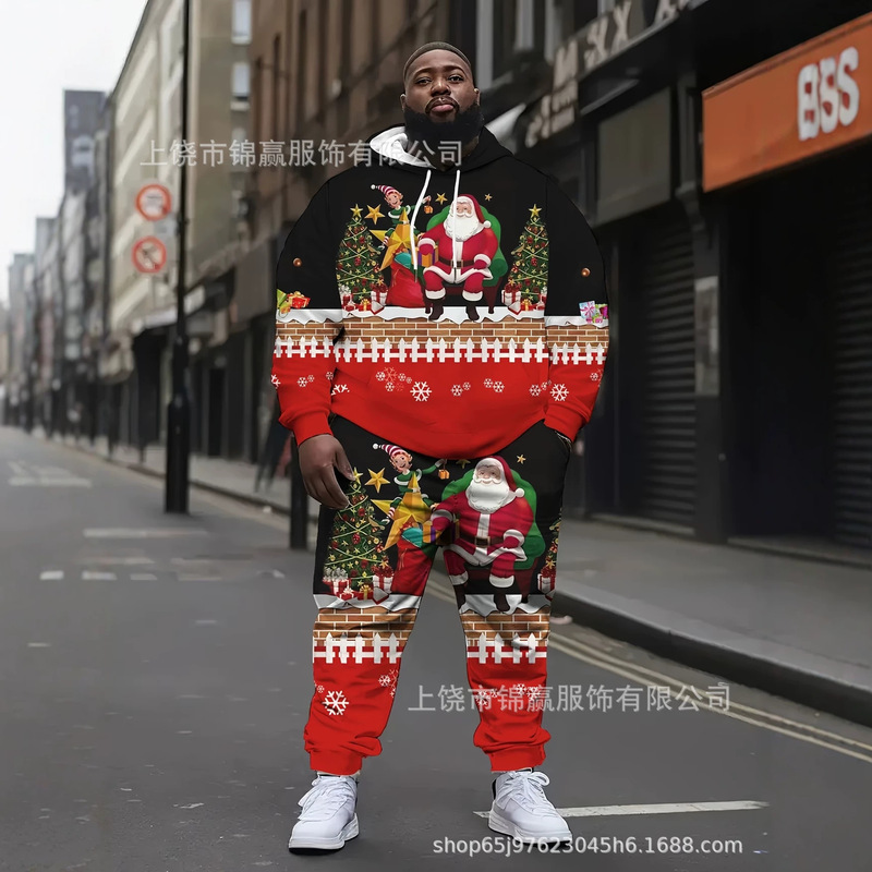 European and American holiday red snowflake print casual suit, loose drawstring hoodie and jogger pants set European and American holiday red snowflake print casual suit, loose drawstring hoodie and jogger pants set