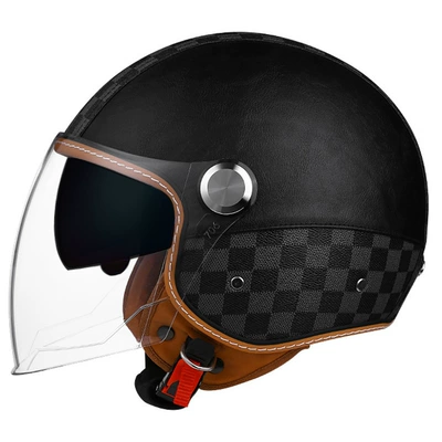 Motosiklet kaskı (dəbilqə) — certification helmet female male retro - checkerboard-black-long-outside-and-tea-inside-m