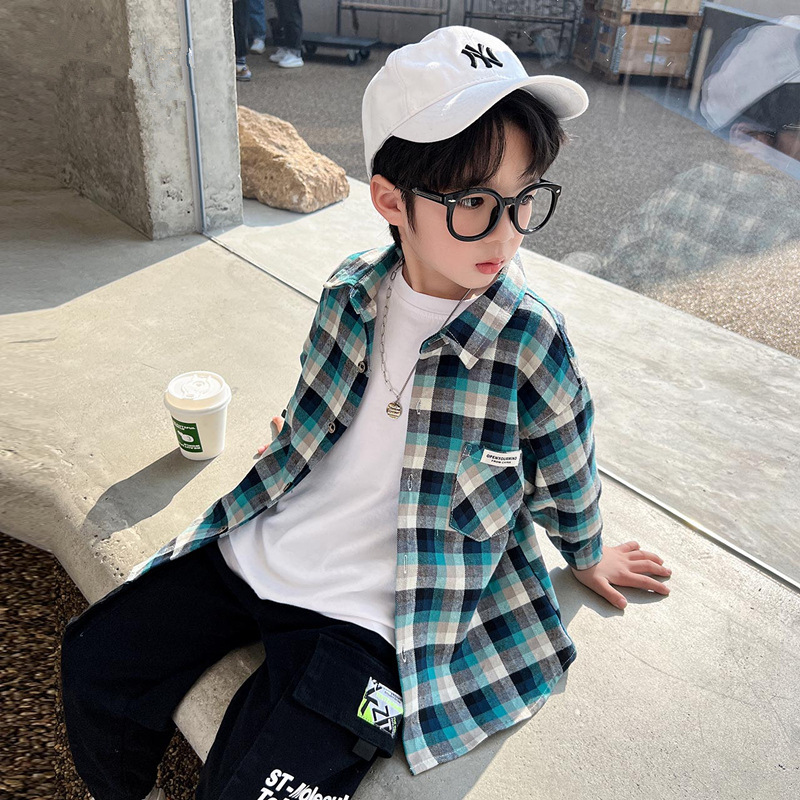 Children's Clothing Boys' Long-Sleeved Shirts Kidsren's Plaid Shirts 2024 Spring Clothing for Older Kidsren Trendy Kidsren Small and Medium-Sized Boys