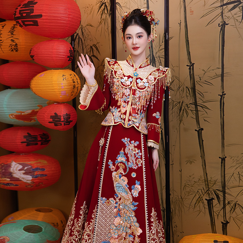 High-End Xiuhe Dress with Velvet Embroidery, 2026 New Style Bridal Phoenix Crown and Robe, Wedding Dragon and Phoenix Gown, Chinese Style Xiuhe Kimono for Women