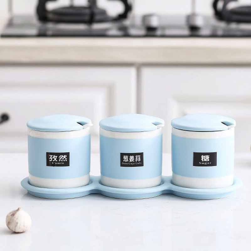 Cubierta de cerámica recta azul tres latas + bandeja de cerámica + cuchara