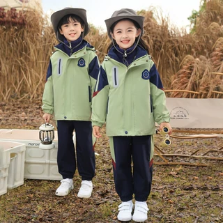 小学生校服冲锋衣三件套冬装儿童一年级班服套装幼儿园服冬季绿色