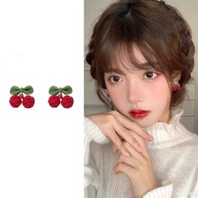 韓國紅色櫻桃耳環女氣質蝴蝶結耳釘2022年新款潮耳飾甜美網紅耳墜