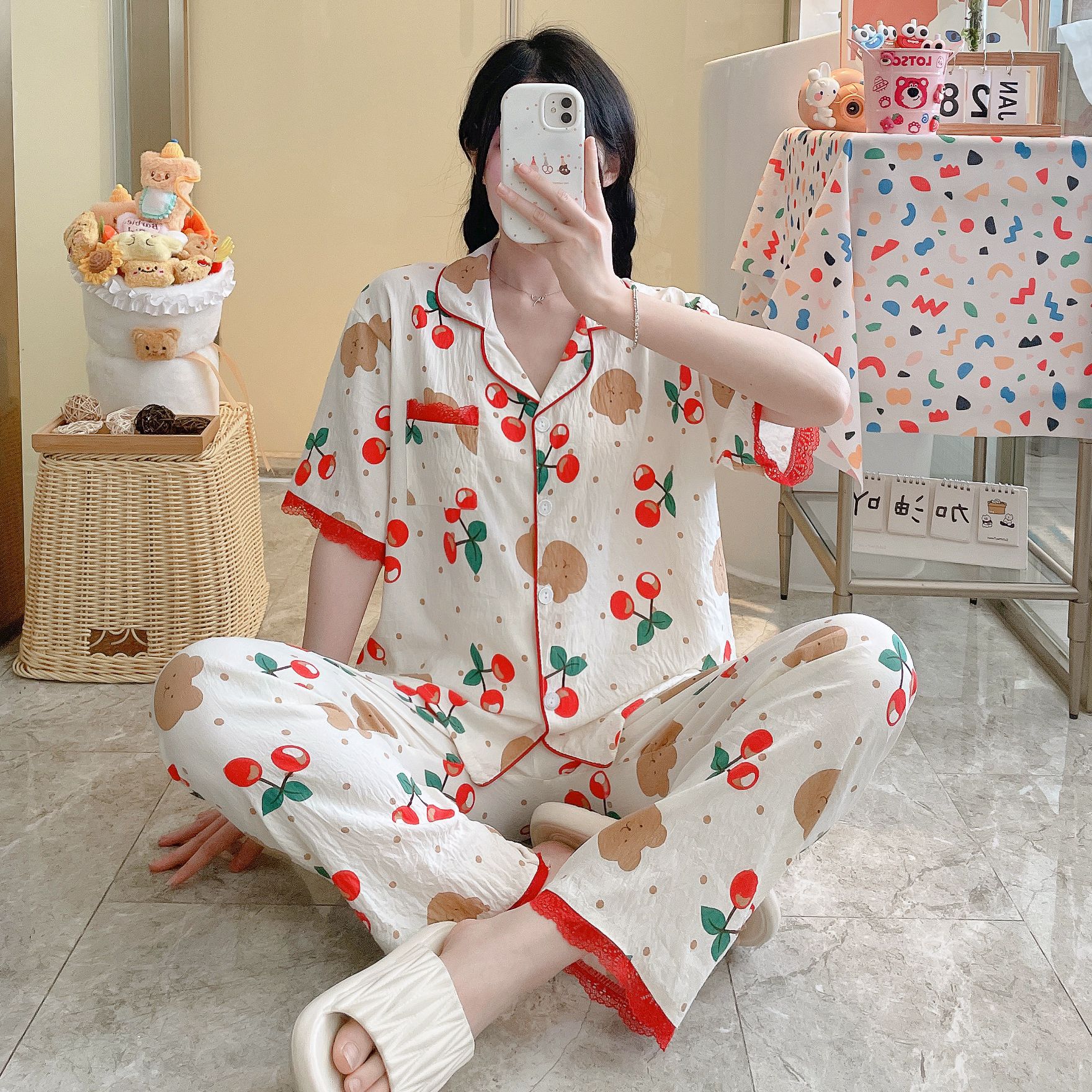 Pijamas transfronterizos al por mayor para mujer traje de pantalón de manga corta de verano nuevo cárdigan de algodón con encaje servicio a domicilio