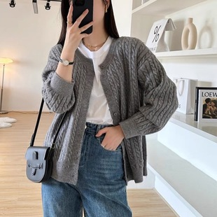 Gentle Wind Twist Crewneck Knitted Cardigan Women's Early Autumn New Long Sleeve Loose Short Sweater Coat Top