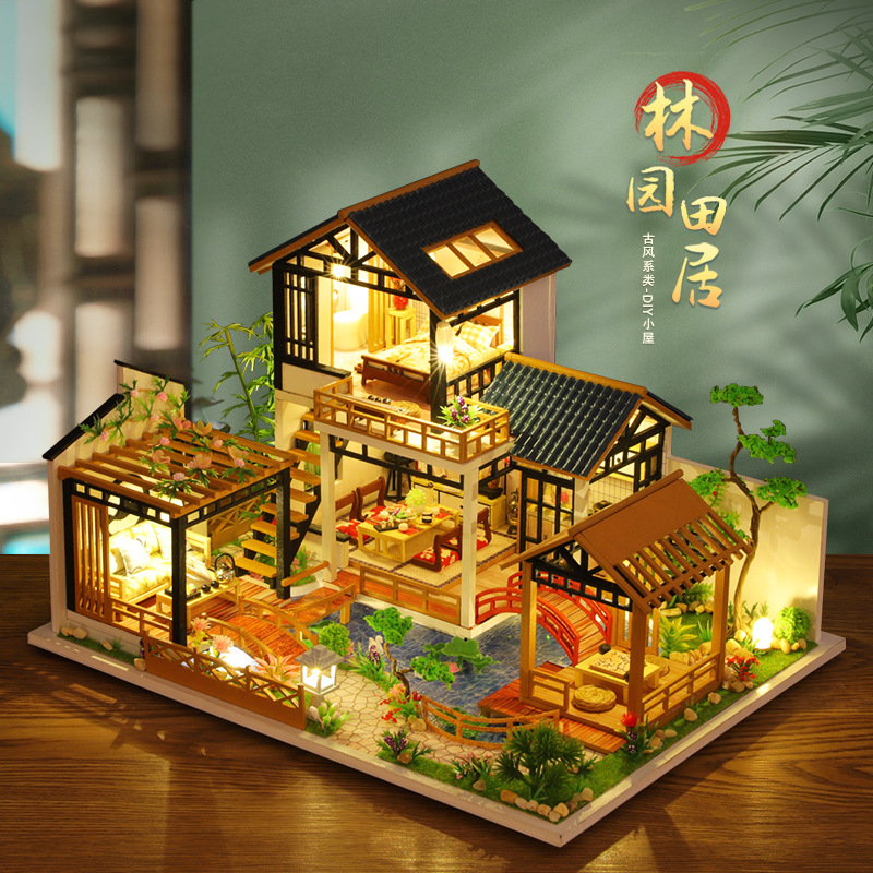 Qiaolexing DIY Small House P018 Lin Yuan Tianju Ancient Style Pastoral Courtyard Villa House Model Creative Gift