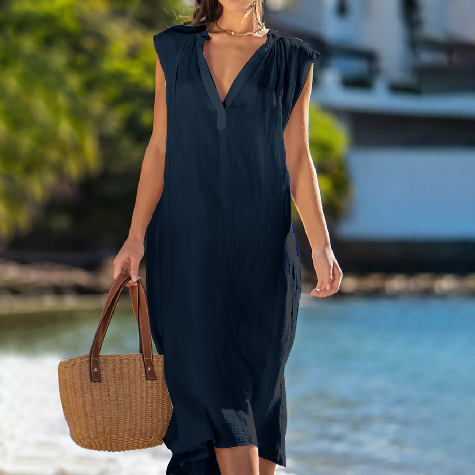 Frau Normales Kleid Einfacher Stil V-Ausschnitt Ärmellos Einfarbig Midi-Kleid Täglich display picture 3