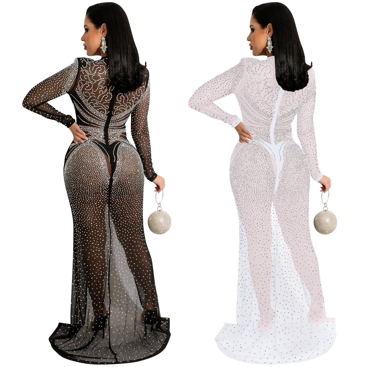 X5595 AliExpress moda europea y americana discoteca rhinestone caliente de las mujeres malla transparente manga larga split vestido mujeres