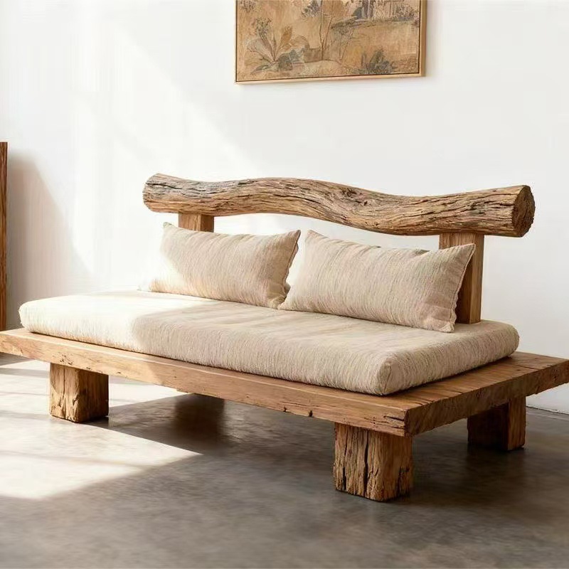 Wabi-Sabi Style Old Elm Sofa Straight Row Sofa Chair Hotel B&B Double Sofa Backrest Leisure Meditation Long Row Chair