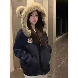 美式高街藏青色毛领卡通刺绣连帽卫衣女秋冬加绒宽松开衫外套上衣