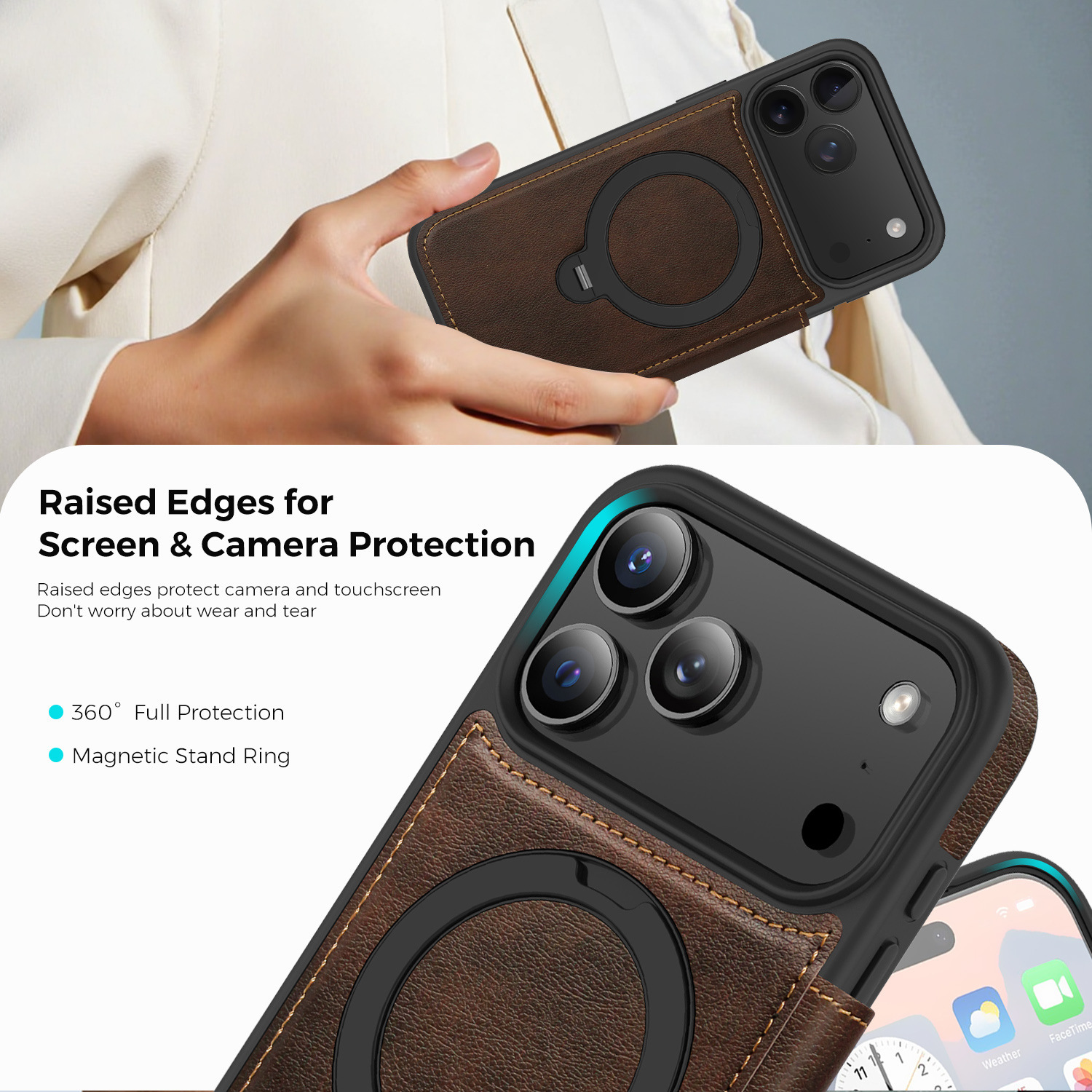 Ốp lưng da lật iPhone 16 Pro Max xoay 360 độ tích hợp giá đỡ từ tính — màu đen, màu xanh hoàng gia, Màu nâu, xám chi tiết 41