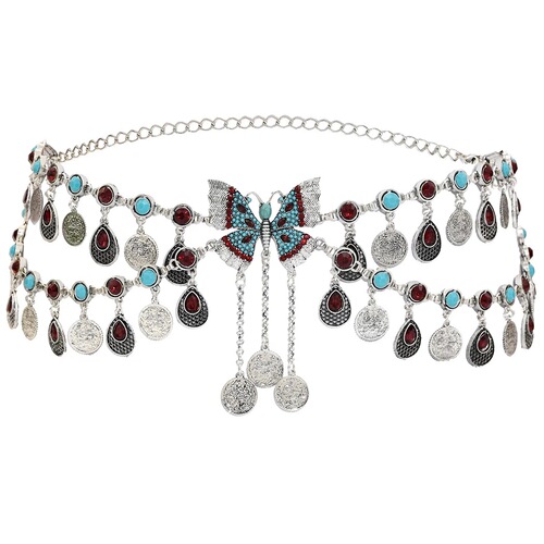 New ethnic style belly dance dance waist chain tassel flower butterfly accessories drop-shaped pendant trend belt