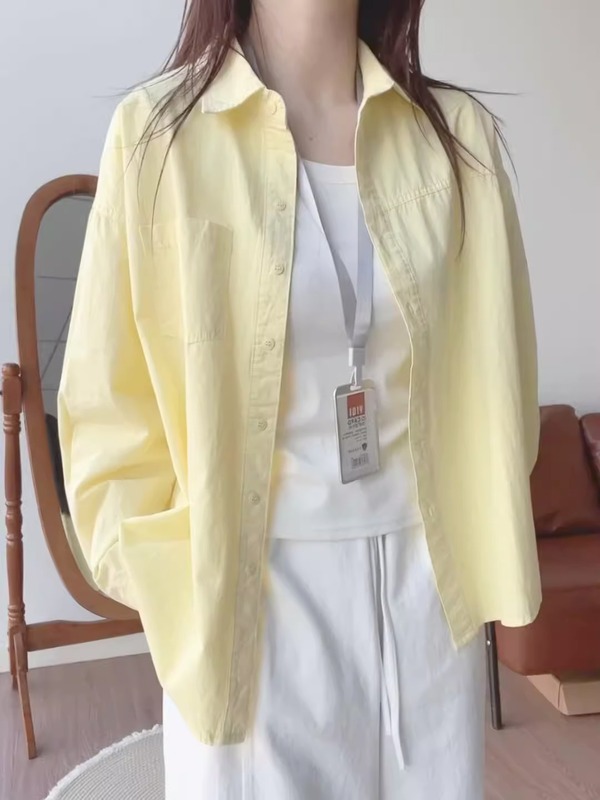 2025新款多巴胺奶黄色棉衬衫女秋季叠穿宽松衬衣外套外穿小清新|undefined