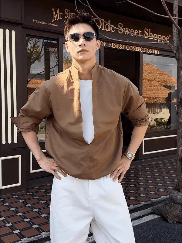 Fake Two-Piece Coffee-Colored Stand-Collar Long-Sleeve Shirt for Men, Mature Old Money Style Casual Shirt with a High-End Feel, Stylish and Cool Top Jacket Fake Two-Piece Coffee-Colored Stand-Collar Long-Sleeve Shirt for Men, Mature Old Money Style Casual Shirt with a High-End Feel, Stylish and Cool Top Jacket