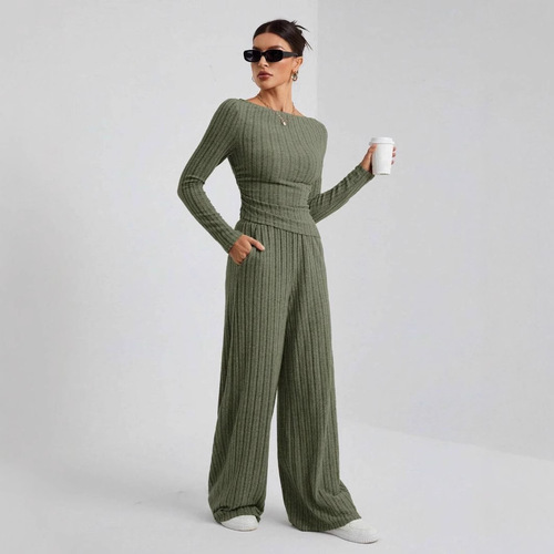 Two-Piece Set of Loose High-Neck Knit Long-Sleeve Trousers with Side Waist Adjustment, Pure Color for Autumn and Winter Leisure in Europe and America