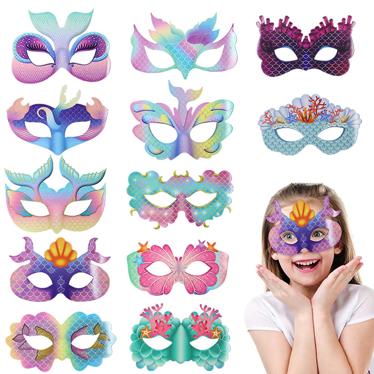 Máscara de tarjeta de sirena transfronteriza DIY se puede colorear para niños fiesta de cumpleaños media cara máscara de ojos al por mayor