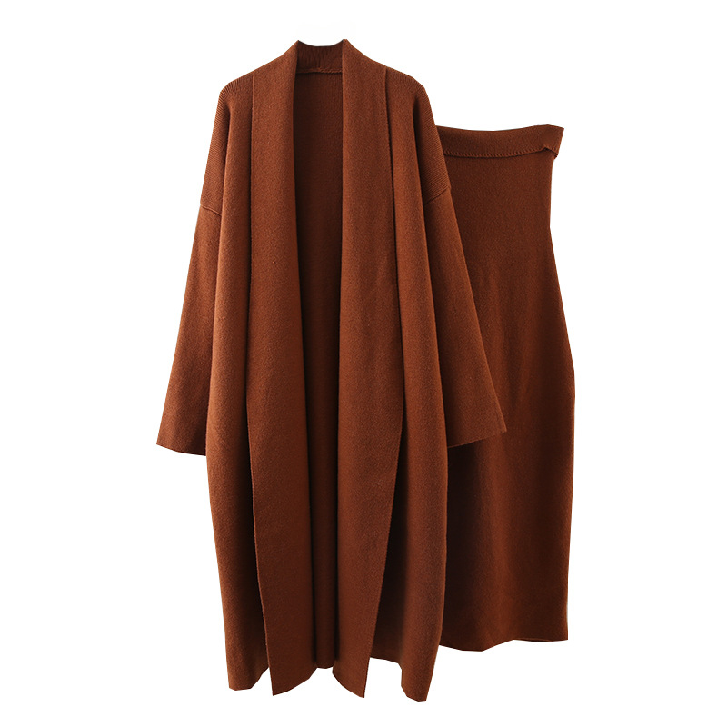 Damenbekleidung High-End-Anzug für Damen im Herbst und Winter Lazy Style Mittellanger Strickmantel Tube-Top-Kleid Zweiteiliger Anzug_voghion.com