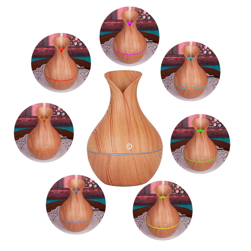 Mini humidificador USB de aromaterapia tipo florero, madera, silencioso, luz colorida, pulverizador creativo para dormitorio