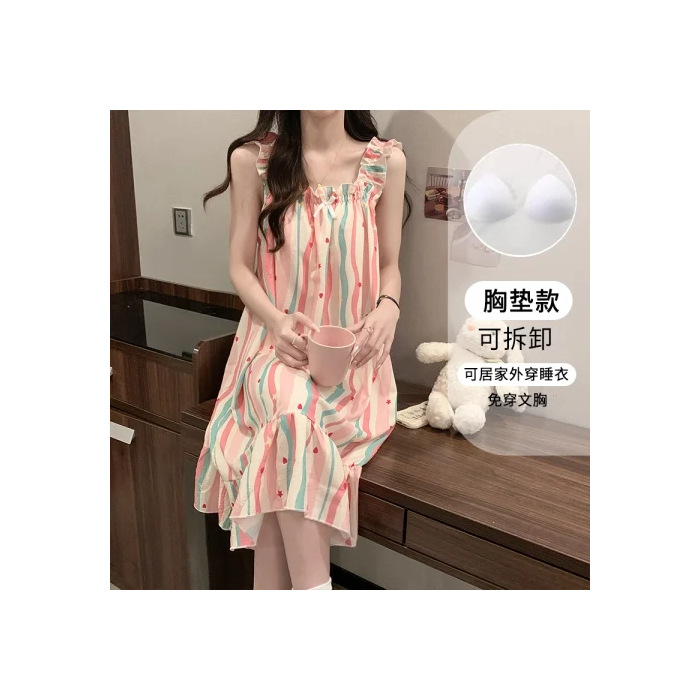 Burbuja arrugada vestido de pijama de verano delgado dulce simple y negro Ye Sen es casero casero vestido de pijama de cabina