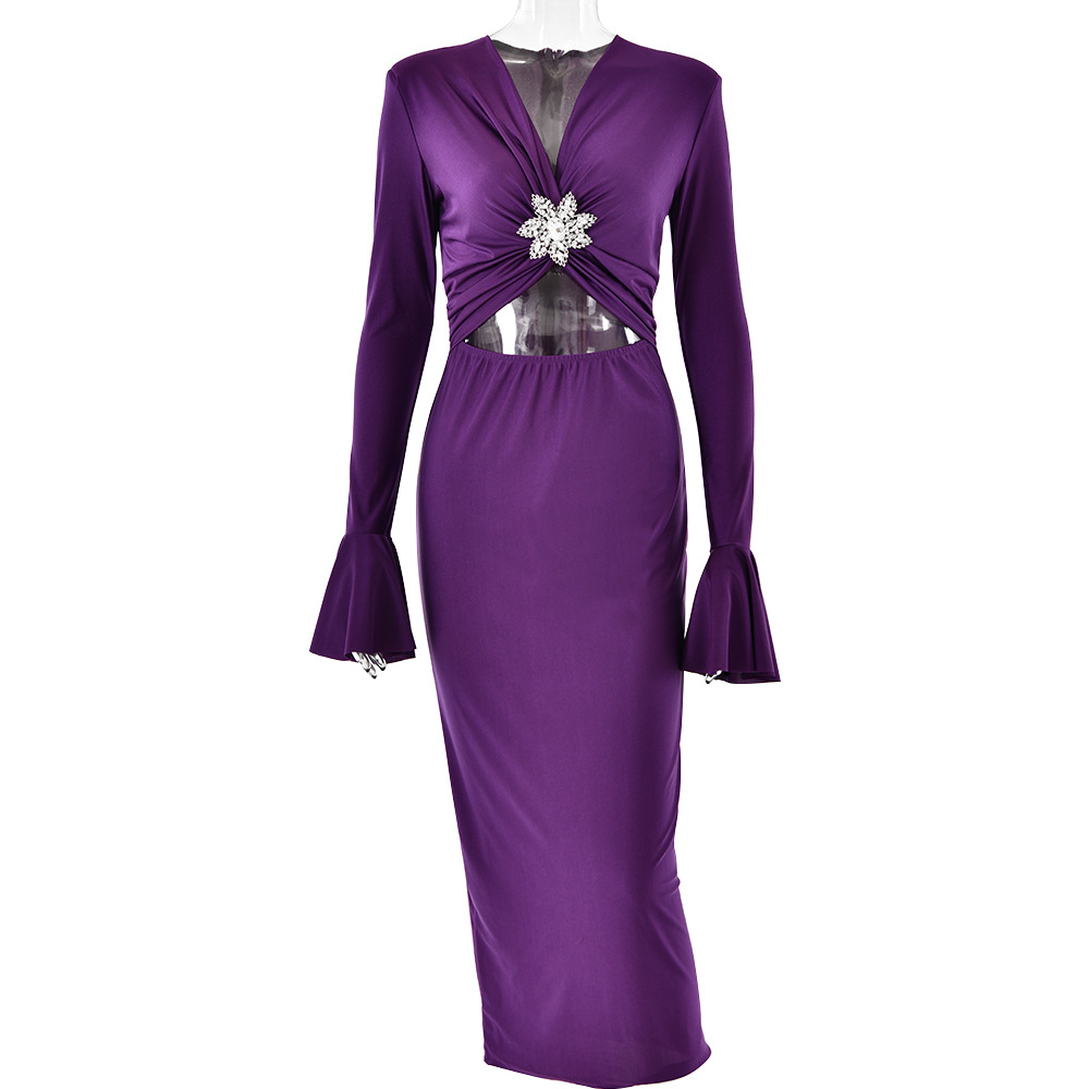 Women's Clothing spring and summer new V neck trumpet sleeve dress fashionable temperament sexy hot girl tight fishtail skirt_ipsvogv.com