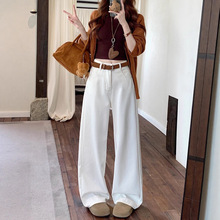 白色牛仔裤小个子裤子女款秋加厚加绒牛仔直筒裤宽松显瘦梨型身材