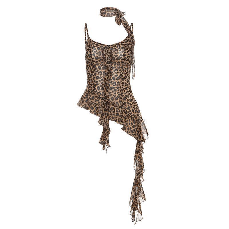 Unique Irregular Ruffle Top American Retro Spicy Leopard Print Camisole with a Sense of Design for Women in Summer