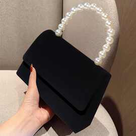 新品感丝绒珍珠链手拿包新品复古风手提晚宴包女士旗袍礼服斜挎包