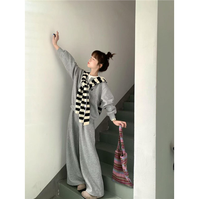 灰色带披肩长袖卫衣女套装2025秋冬新款慵懒宽松休闲运动三件套潮|undefined
