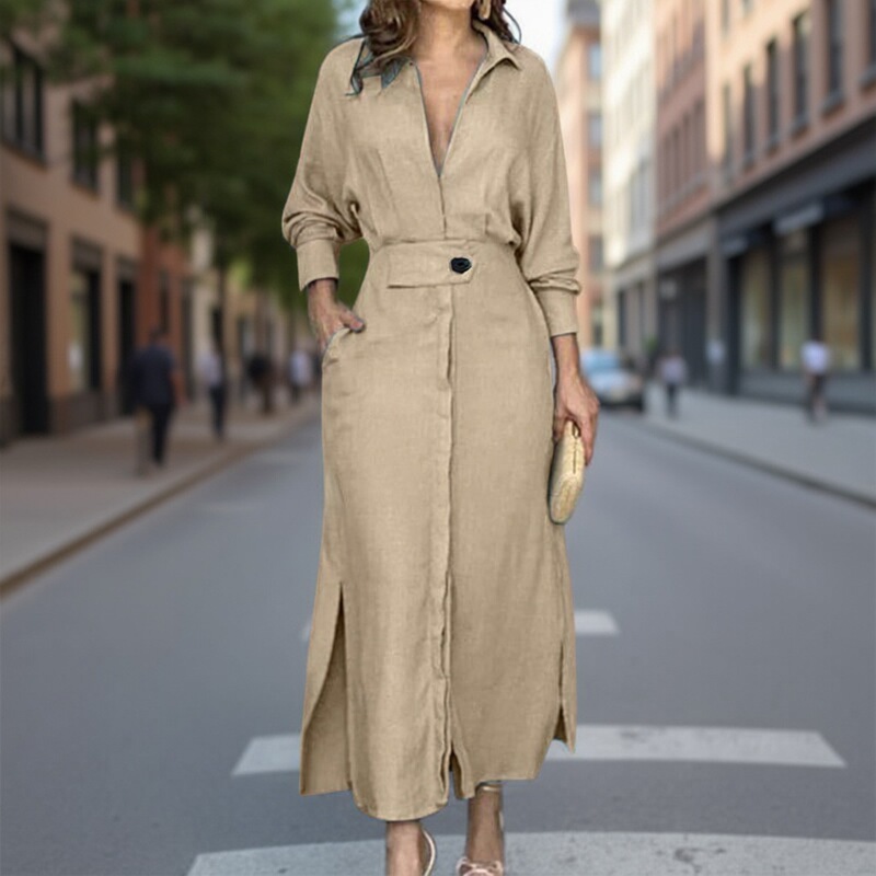 Amazon 2025 Spring European and American Clothing New Commuter Lace-Up Pure Color Waist Long-Sleeved Deep V Lapel Dress