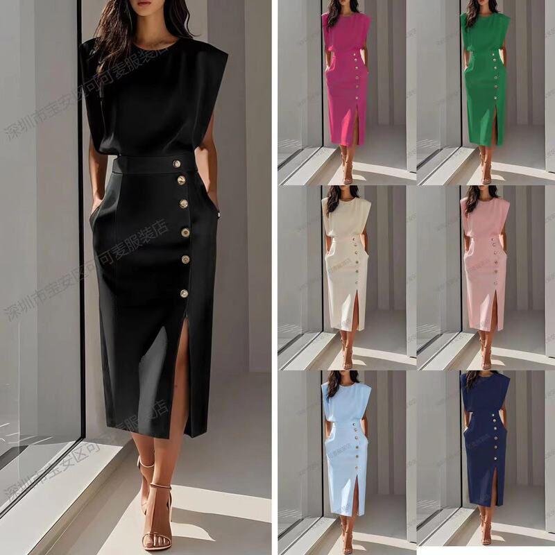 Cross-border European and American Amazon Fashion Royal Sister Solid Color Round Neck Waist Split Metal Button Summer dress Women