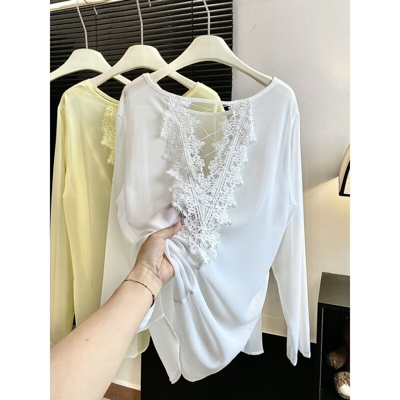 Women's shirt with hollow back and lace splicing, 2026 summer new style, chic and stylish, slimming long-sleeve sun protection top