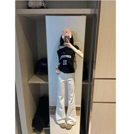 小个子美式白色微喇牛仔裤女新款不贴腿低腰百搭拖地直筒阔腿裤子
