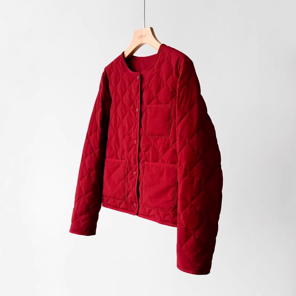 现货精纺羊毛！白鹅绒绗缝菱格红色羽绒服外套2024秋冬