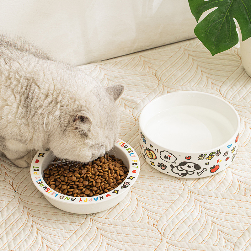 Cute Ceramic Cat Bowl and Dog Bowl Graffiti Pet Bowl Flat Mouth Cartoon Water Bowl Food Bowl Anti-Knock over Anti-Black Chin Food Bowl