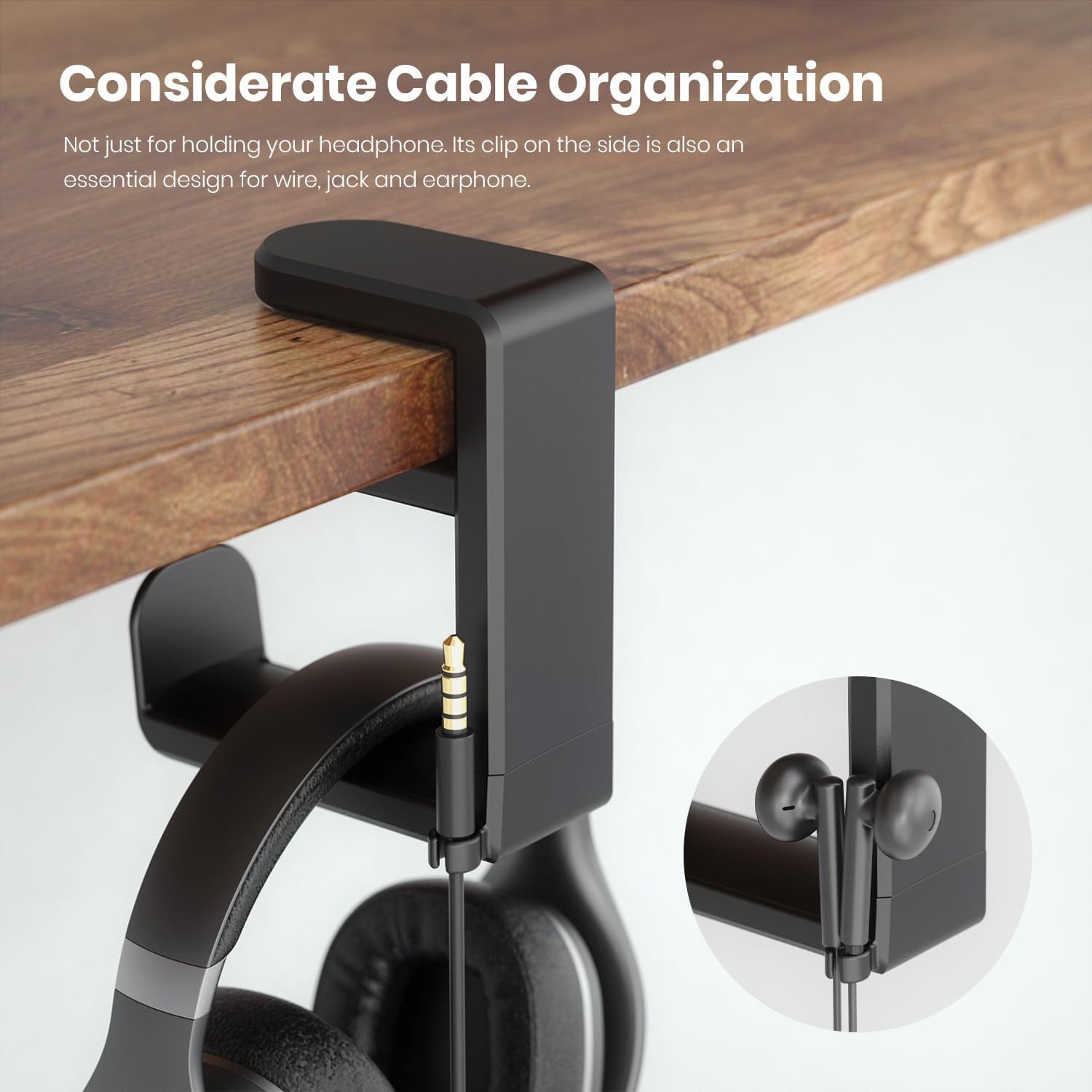 Modelo privado lado de la Mesa Clip-en gancho titular de los auriculares de 360 grados de rotación titular de los auriculares rack de almacenamiento titular de los auriculares
