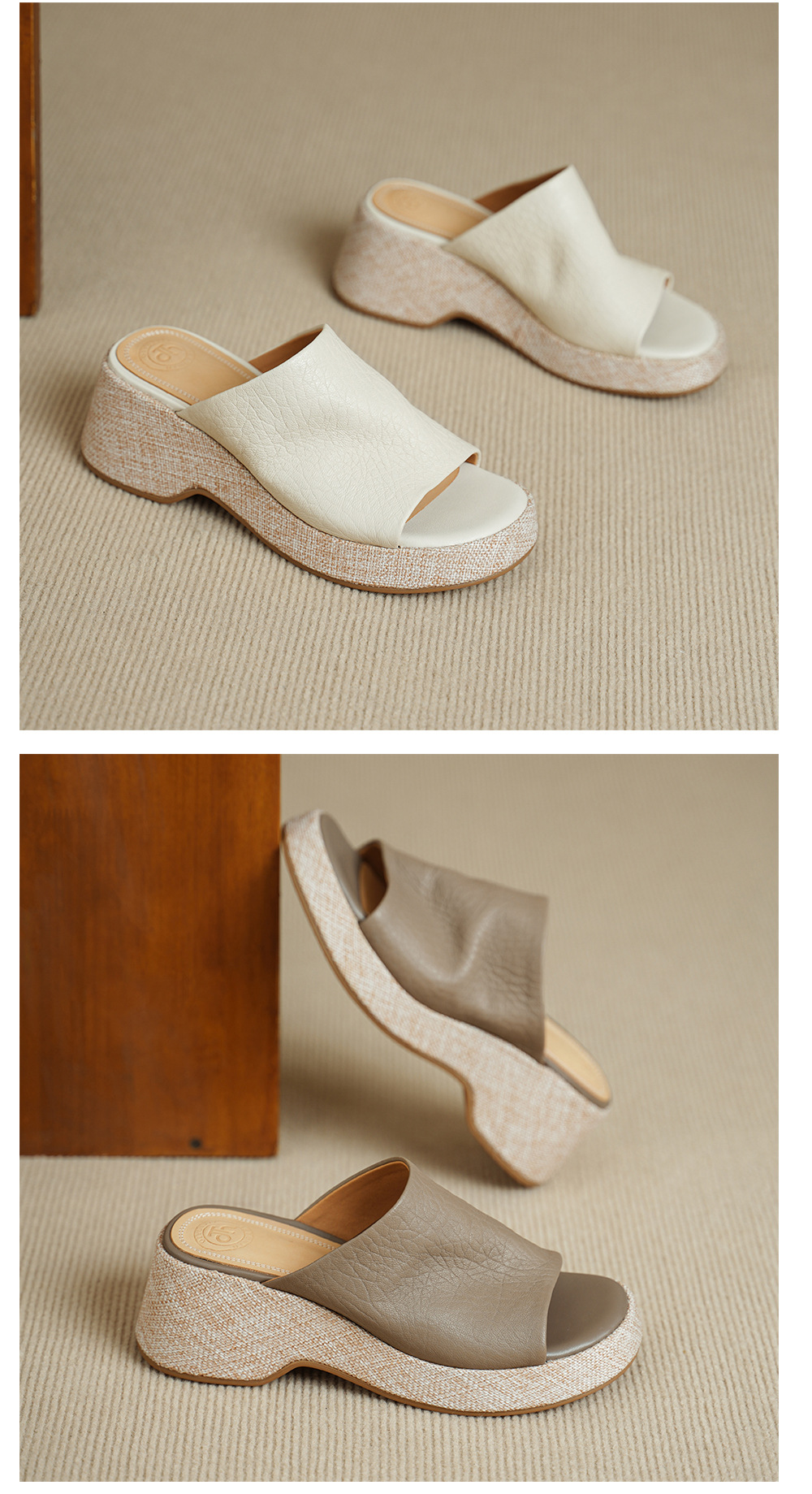 Sandal nữ da cừu gót xuồng hở mũi quai ngang đế dày — Xám voi chi tiết 12