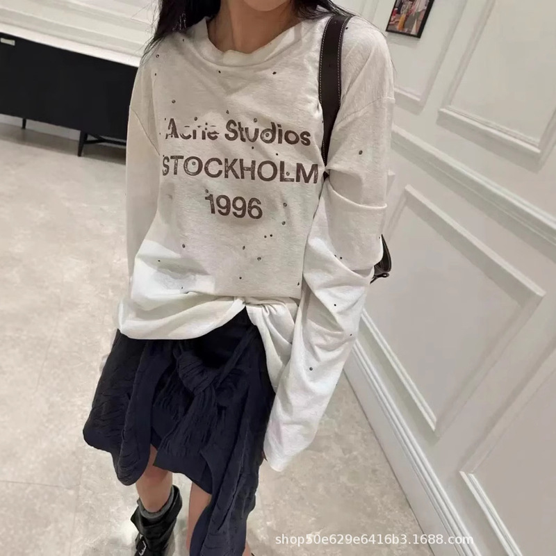 in stock ac new long sleeve 1996 old letters faded spray painting hot diamond loose long sleeve T-shirt women's wholesale
