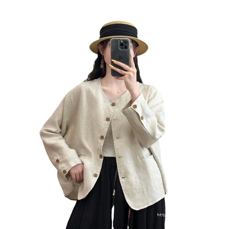 新款加厚亚麻衬衣短款薄外套长袖纯色开衫时尚休闲衬衫女|undefined